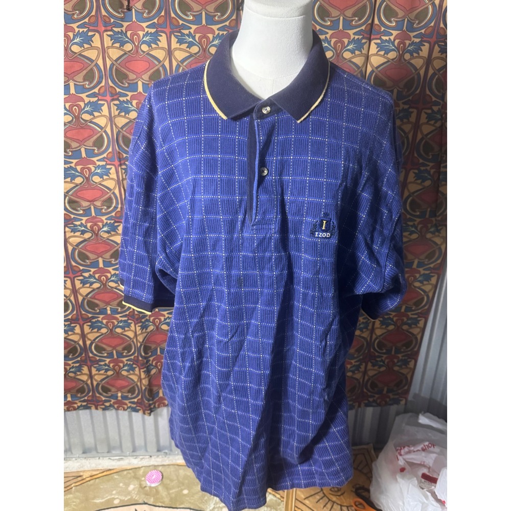 IZOD Mens XL Blue Plaid Golf Polo Shirt Short Sleeve Collared Casual